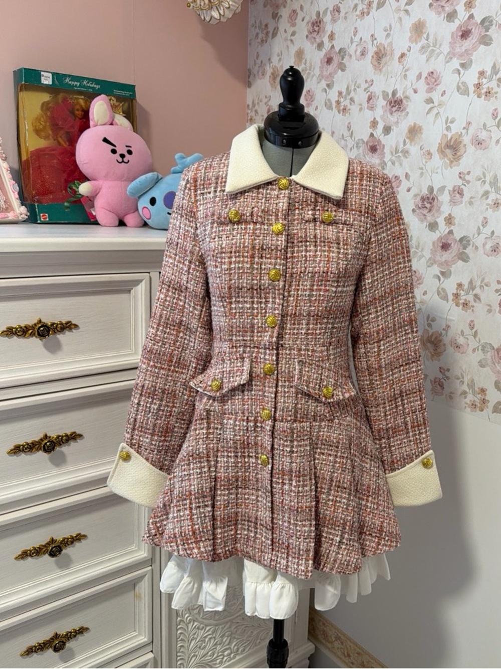 Women's Pink Tweed Peplum dress with Cream Collar